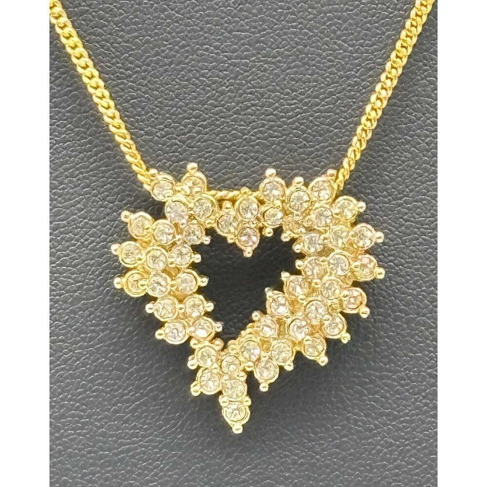 Vintage Rhinestone Heart Shaped Pendant Necklace With Chain Gold Tone, Unbranded